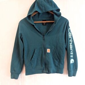 CARHARTT Kids Teal Full Zip Hoodie Jacket Spell out Sleeve Size 8